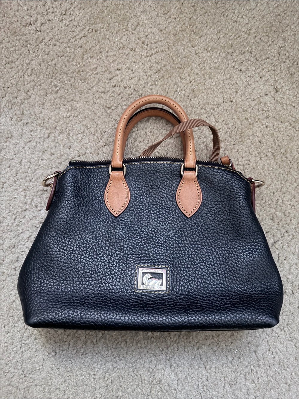 Dooney & Bourke Black Pebbled Leather Satchel with Tan Handles